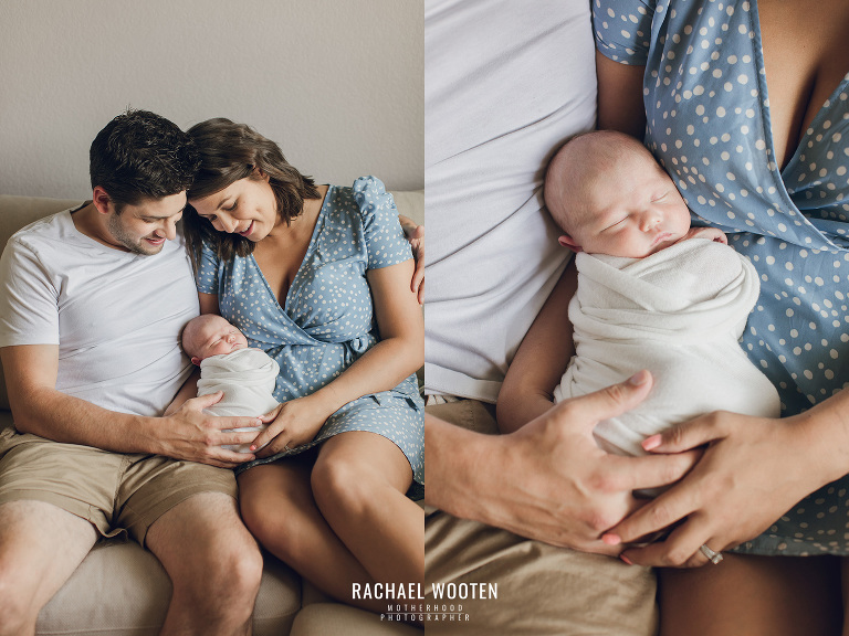 Denver newborn photo session at home with mom, dad, and dogs.