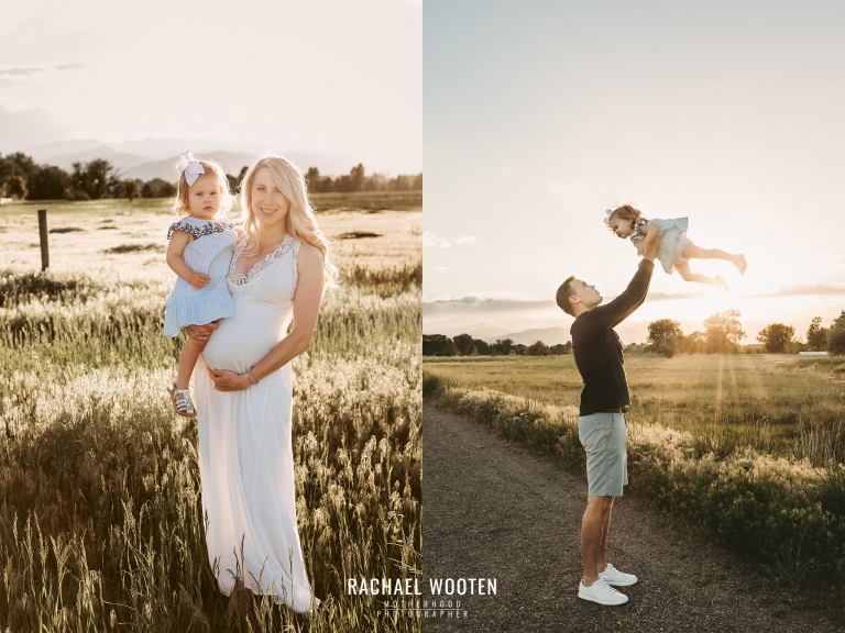 Mother, father and toddler daughter maternity photos outside in Boulder, Colorado in the city of Erie with the mountains and sunset in the background