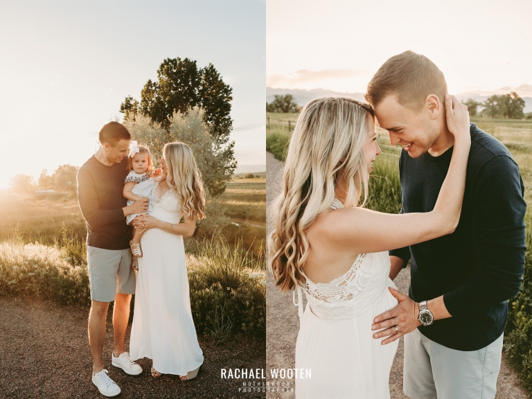 Mother, father and toddler daughter maternity photos outside in Boulder, Colorado in the city of Erie with the mountains and sunset in the background