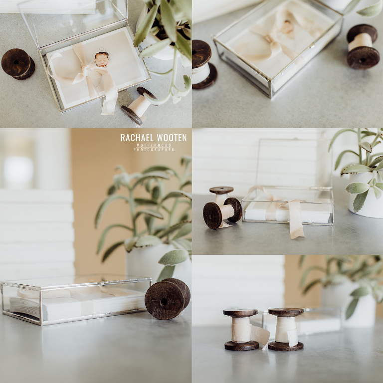 Glass photo box in package for Denver Boulder newborn photographer that shoots in home with mom and dad